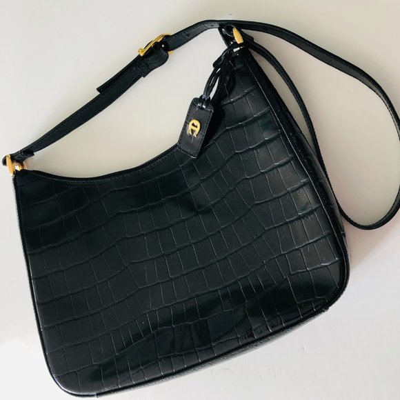 Etienne Aigner Handbags - ETIENNE AIGNER Black Patent Embossed Croc Leather Shoulder Bag NWOT